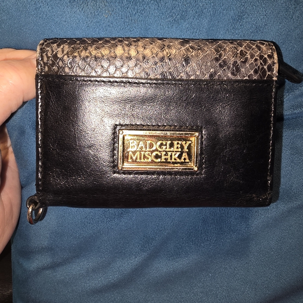 Badgley Mischka Black Leather Wallet with Brown Snake Print 4.75 Long x 3" Tall